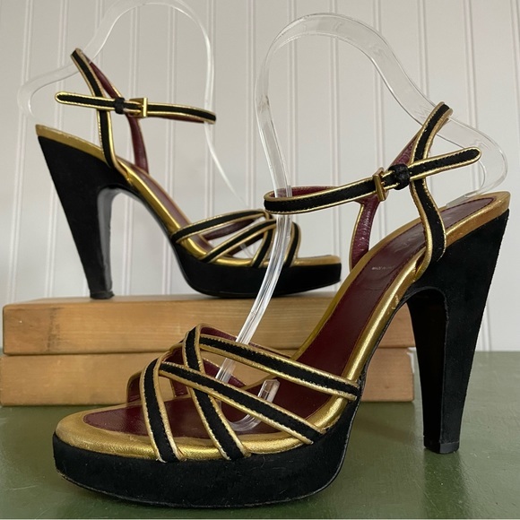 Prada Black Suede & Gold Strappy Platform Heels/Sandals *Italy* - Picture 1 of 12